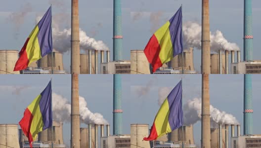 罗马尼亚国旗迎风飘扬，背景是罗马尼亚南部布加勒斯特热电厂。罗马尼亚的污染概念。高清在线视频素材下载