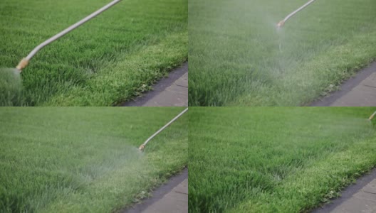 男子用液体化学喷雾器给住宅后院的草坪施肥。庭园用化肥，除草剂和杀虫剂喷洒草坪。高清在线视频素材下载