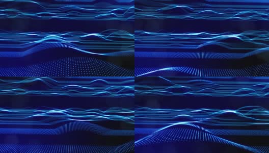 具有辉光粒子的蓝色高科技bg形成复杂的条纹结构。三维环形科幻bg数字空间，粒子形成线和面波。高科技信息流概念，区块链。景深高清在线视频素材下载