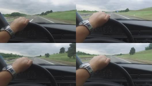 一个男人开着老爷车在高速公路上，POV高清在线视频素材下载