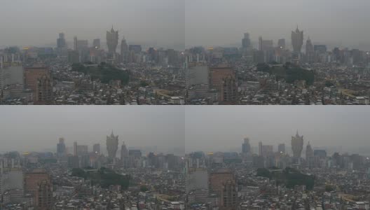 中国多云黄昏澳门市区屋顶全景4k高清在线视频素材下载