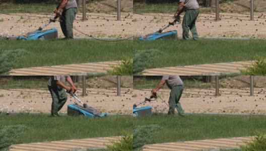 工作的园丁用电动割草机割草高清在线视频素材下载