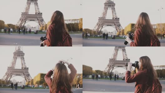 旅游少年在法国巴黎拍摄埃菲尔铁塔的照片，欣赏美丽的风景高清在线视频素材下载