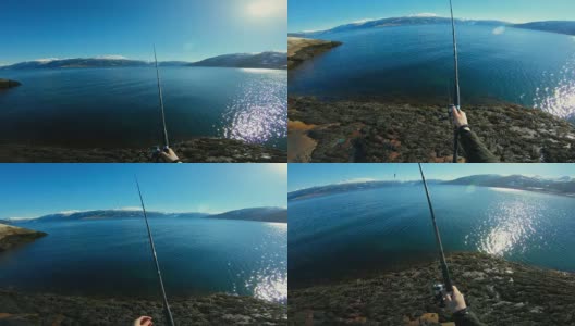 POV男人在海里钓鱼高清在线视频素材下载