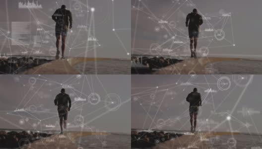 健康的非洲裔美国人在海上慢跑的后视图上的连接网络的动画高清在线视频素材下载