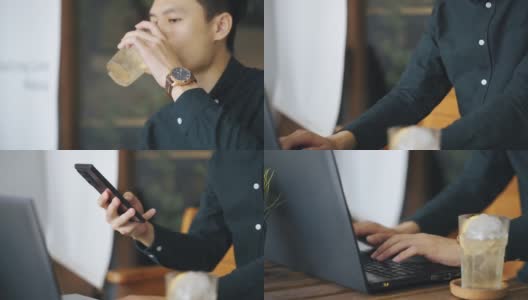 微笑的专业年轻亚洲中国商人工作使用笔记本电脑在露天咖啡馆高清在线视频素材下载