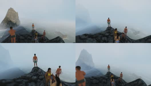 一群年轻人站在俯瞰大海的悬崖上高清在线视频素材下载