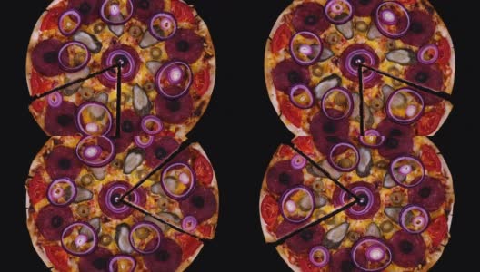用意大利腊肠、泡菜、橄榄、西红柿、奶酪和洋葱圈烤出来的自制披萨，在黑色背景上旋转着切下来的披萨高清在线视频素材下载
