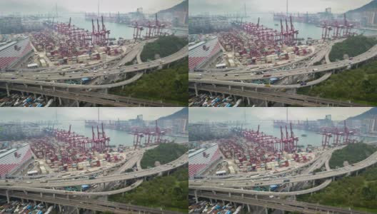 时间流逝:香港葵青货柜码头的无人机高清在线视频素材下载