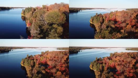 色彩缤纷的秋天森林和蓝色的湖，空中无人机的顶部视图高清在线视频素材下载