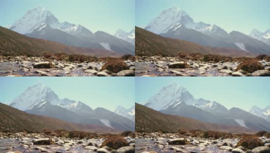 阿玛达布拉姆6814米的山顶覆盖着冰雪。Sagarmatha国家公园的Imja Khola山谷。珠峰大本营(EBC)徒步路线靠近费里切。高清在线视频素材下载