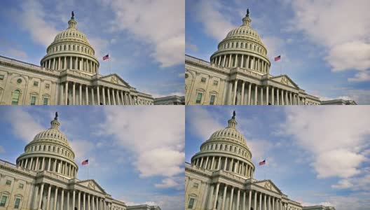 美国国会大厦。天空中的美国国旗。宏伟壮丽的观点。云在天空。高清在线视频素材下载