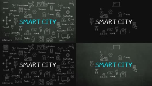 蓝色粉笔画“智慧城市”和各种互联工业革命4.0图标，4k动画。高清在线视频素材下载