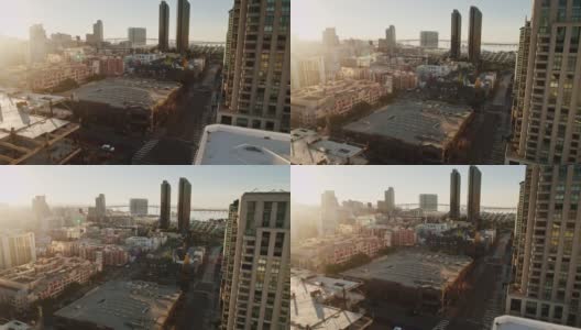 黎明时分，上升无人机拍摄的圣地亚哥市中心高清在线视频素材下载