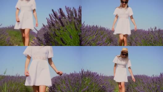 生活方式与一个年轻的金发白种女人漫步在一个夏天的下午紫色的薰衣草田在白色的裙子和帽子。在开着紫色花朵的薰衣草地里享受大自然高清在线视频素材下载