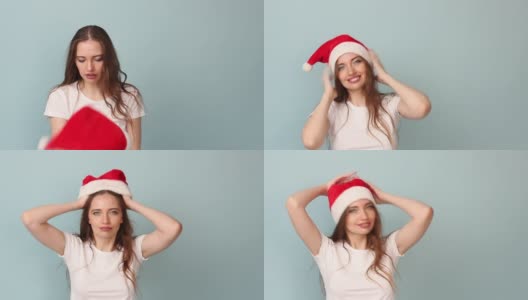 一名女子身穿淡蓝色背景的白色t恤，戴着一顶红色的圣诞老人帽子过圣诞节高清在线视频素材下载
