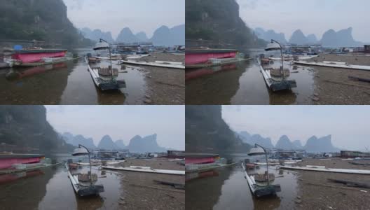 中国广西省兴平镇附近的漓江上，鸬鹚渔民正准备在夜间捕鱼。高清在线视频素材下载