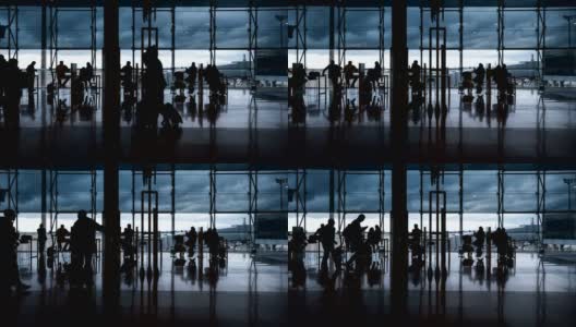 巴塞罗那El Prat机场乘客的时间流逝(剪影场景)高清在线视频素材下载