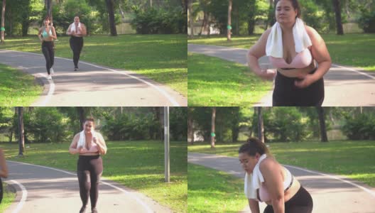 女性体型大的运动员如此努力，但她不放弃，她继续在一个公共公园跑步高清在线视频素材下载