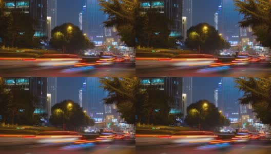 夜光照亮青岛市区、交通、街道的时间流逝全景4k中国高清在线视频素材下载
