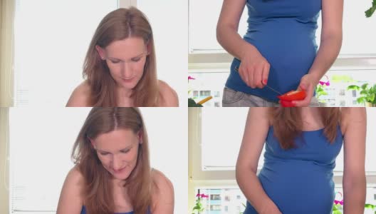 怀孕和营养平衡。微笑的孕妇切辣椒蔬菜高清在线视频素材下载