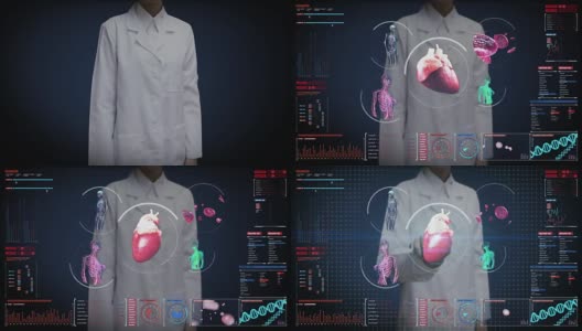 女医生触摸数字屏幕，扫描血管、淋巴、心脏、循环系统的数字显示。蓝色x射线的观点。高清在线视频素材下载