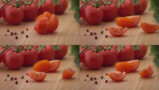 几片熟透的番茄落在桌上。高清在线视频素材下载