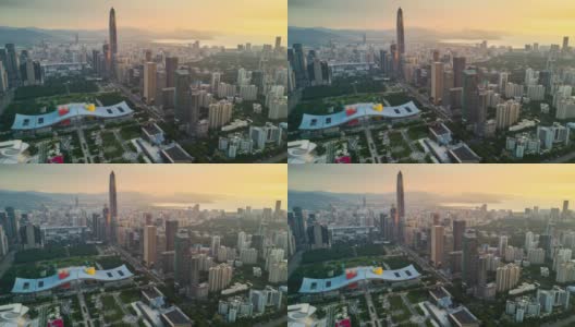 中国深圳市景KK100大楼日落天空市中心市政厅航拍全景4k时间间隔高清在线视频素材下载