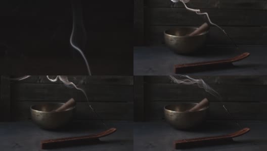 烟从香棍深色木制背景与歌唱碗高清在线视频素材下载