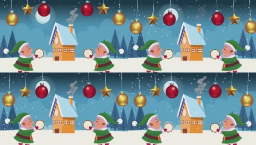 圣诞贺卡与精灵和球在雪景高清在线视频素材下载