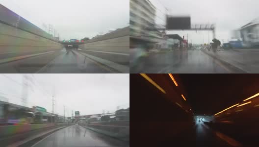 时间推移和时间扭曲驾驶在道路上。雨落在POV前视图的汽车。视频。高清在线视频素材下载