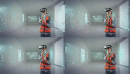 动画连接，屏幕与数据处理的男性工程师戴着虚拟现实头盔高清在线视频素材下载