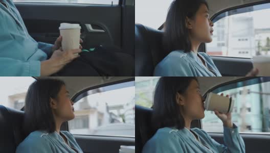 亚洲女商人在车里喝咖啡高清在线视频素材下载