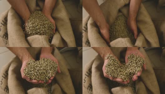 农夫手里拿着一袋咖啡豆，检查收成高清在线视频素材下载