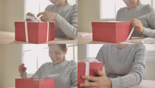 快乐的亚洲女人打开礼品盒高清在线视频素材下载