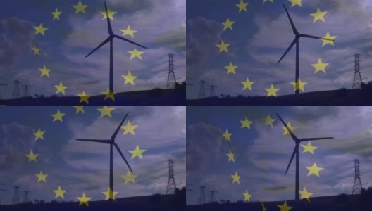 欧洲联盟旗帜的动画在旋转的风力涡轮机和电力塔在野外在黄昏高清在线视频素材下载