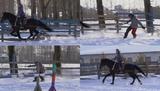 慢镜头:一个女孩骑着马疾驰。一匹马用绳子拖着一个滑雪者。滑雪者在雪堆中骑在滑雪板上。女骑师和男滑雪板运动员通过跳板进行跳跃高清在线视频素材下载