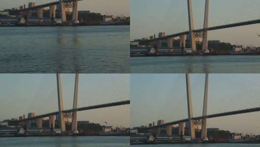 美丽的全景桥。桥塔的背景夕阳天空高清在线视频素材下载