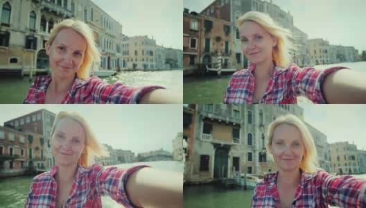 以威尼斯大运河为背景的自拍。一名年轻女子在视频中开枪自杀。在意大利旅游高清在线视频素材下载