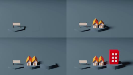 以蓝色六边形为背景，超高分辨率三维电脑生成的房地产投资理念、土地房屋、酒店模型的动画，每秒30帧高清在线视频素材下载