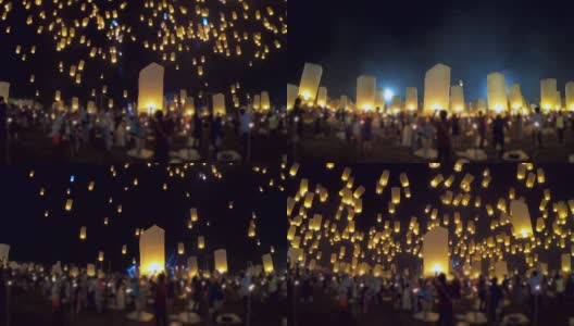 在泰国清迈的怡鹏节，水灯节上漂浮的灯笼和烟花高清在线视频素材下载