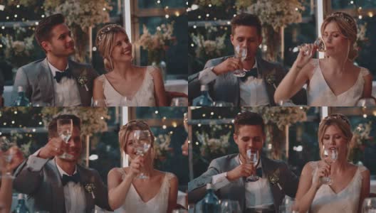 一对夫妇在婚礼上举杯互吻高清在线视频素材下载
