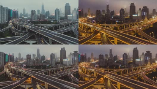 T/L PAN高视角立交桥和城市交通，从白天到晚上/上海，中国高清在线视频素材下载