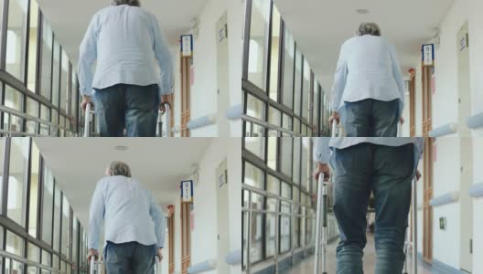 在走廊上用助行器走路的亚洲老人高清在线视频素材下载
