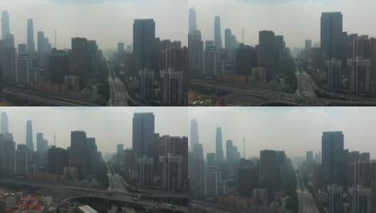白天的雾霾广州市区交通街道航拍全景4k中国高清在线视频素材下载