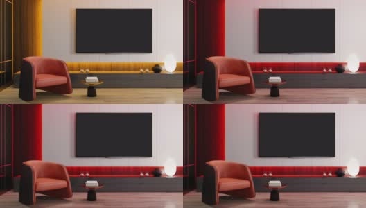 RGB灯黄红环-电视房现代极简主义的内部配备8K电视高清在线视频素材下载