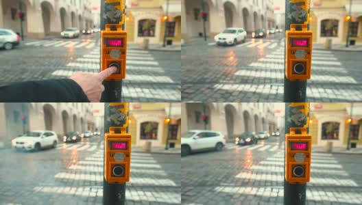 在人行横道按下按钮。捷克红字“wait”。高清在线视频素材下载