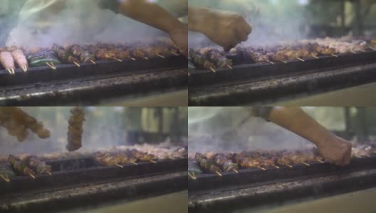 以传统方式烧烤日本烤肉串高清在线视频素材下载