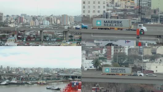在阿根廷的布宜诺斯艾利斯，一辆集装箱卡车正从Riachuelo河上驶过。高清在线视频素材下载