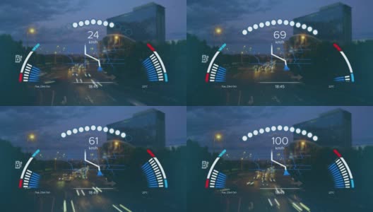 动画速度计，gps和充电数据的界面上，超过加速城市交通在夜间高清在线视频素材下载